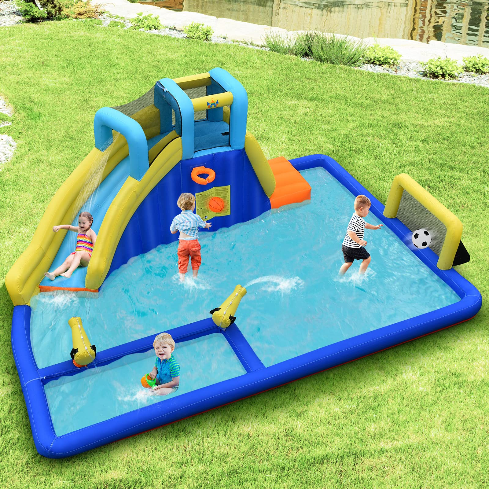 BOUNTECH Inflatable Water Park | 6-in-1 Bounce Pool Slide w/ Curved Slide