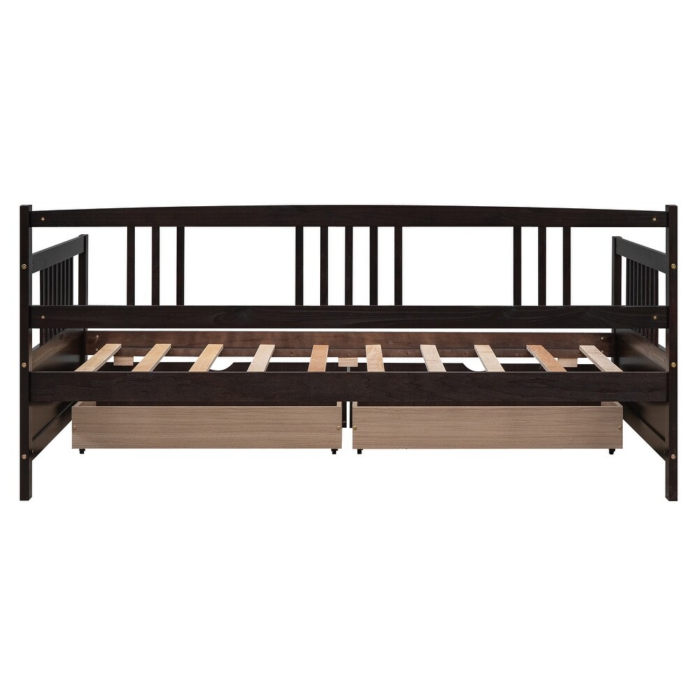 Twin Size Wood Daybed with 2 Storage Drawers and 3 Side Guardrail  Wood Kid's Bed with Wood Slats for Bedroom