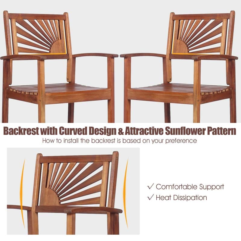 2-Pack Acacia Wood Bar Stools Outdoor Patio Bar Chairs with Sunflower Backrest & Curved Armrests