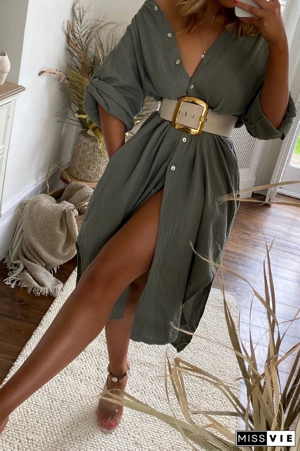 Belted Long Sleeve Maxi Shirtdress