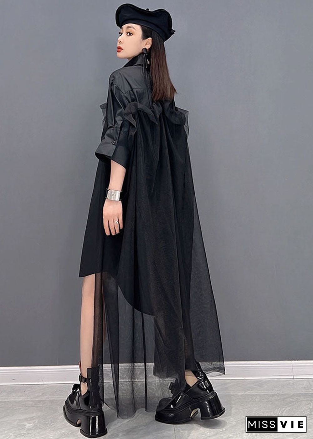 Plus Size Black Original Design Peter Pan Collar Tulle Patchwork Cotton Shirt Dresses Long Sleeve