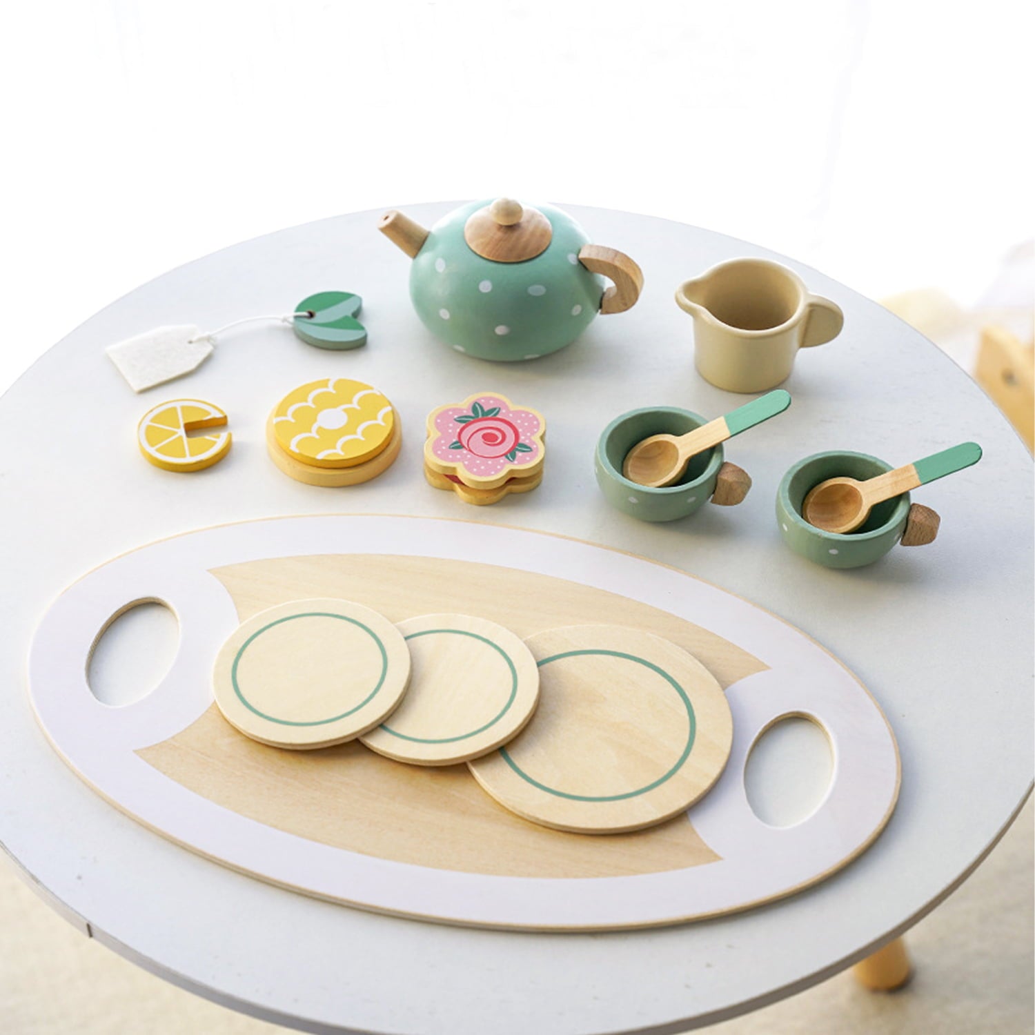 Sytle-Carry Wooden Toy Tea Set, Montessori Kitchen Toys for 3 4 5 Years Old Girls and Boys, Wooden Play Kitchen Accessories