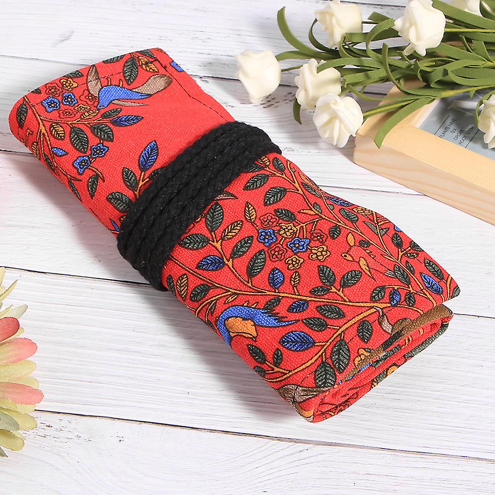 Pencil Roll Curtain Canvas 36-holes Large Capacity Student Storage Bag Case Stationeryred Happiness Tree Pattern