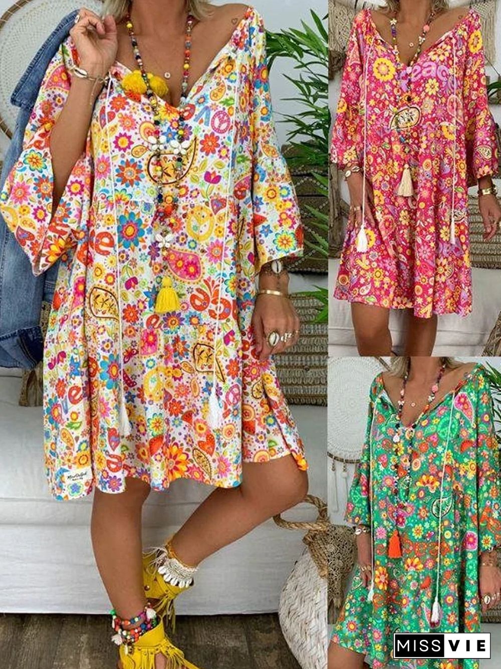 Summer Women Boho Floral Long Sleeve Dress Holiday Beach Shirt Dress Ladies Print Mini Dress Plus Size S-5XL