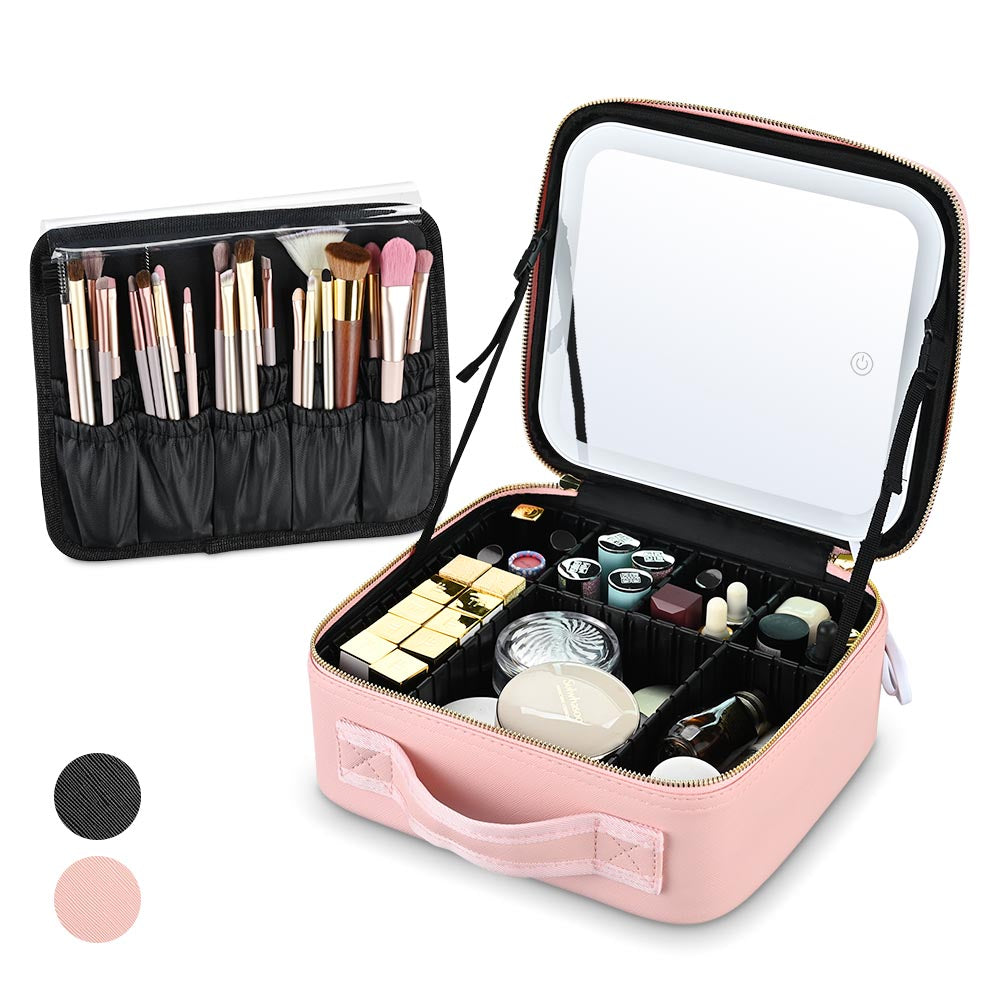 TheLAShop 10 Makeup Case with Lighted Mirror Brush Holder w/ Lid