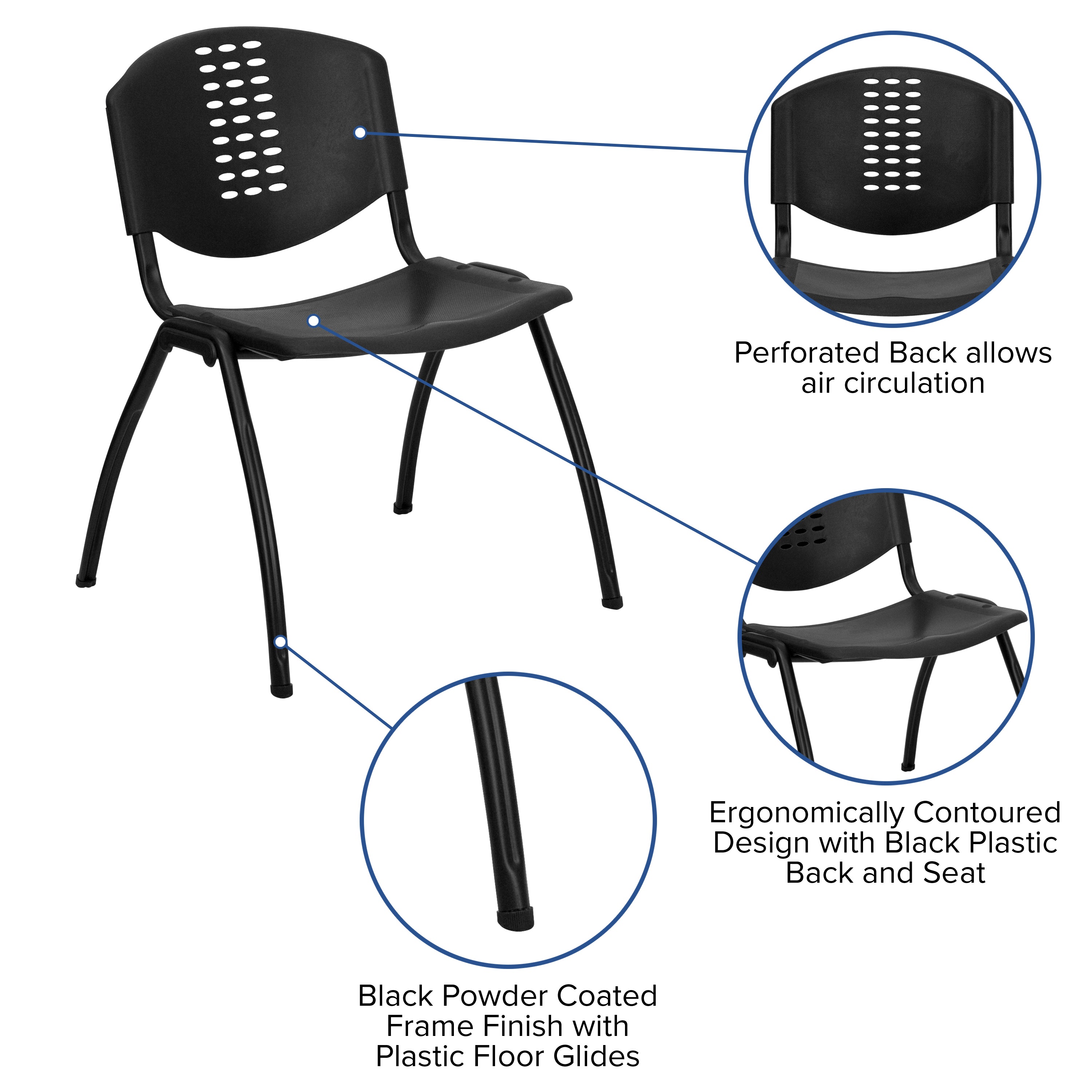 Flash Furniture HERCULES Series 880 lb. Capacity Black Plastic Stack Chair with Oval Cutout Back and Black Frame