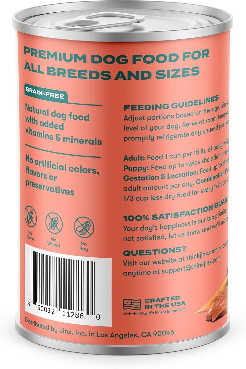 Jinx Salmon and Sweet Potato Chopped Recipe Grain-Free Wet Dog Food， 13-oz can， case of 12