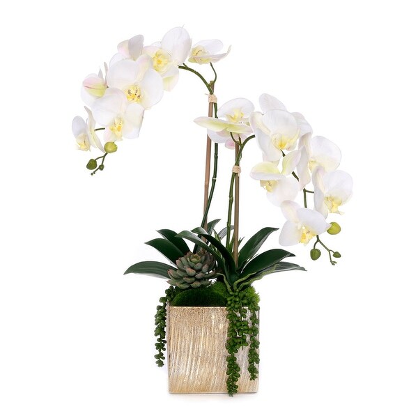 Real Touch Orchid Flower Arrangement in Cube Nickel Pot