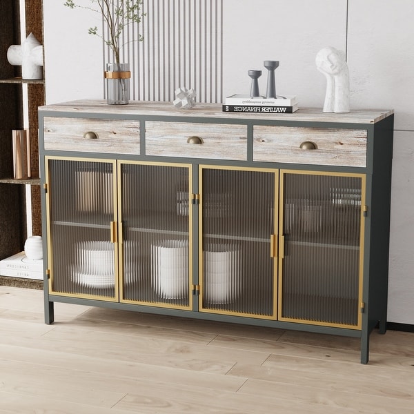 Modern Sideboard with 3 Top Drawers and 4 Glass Doors