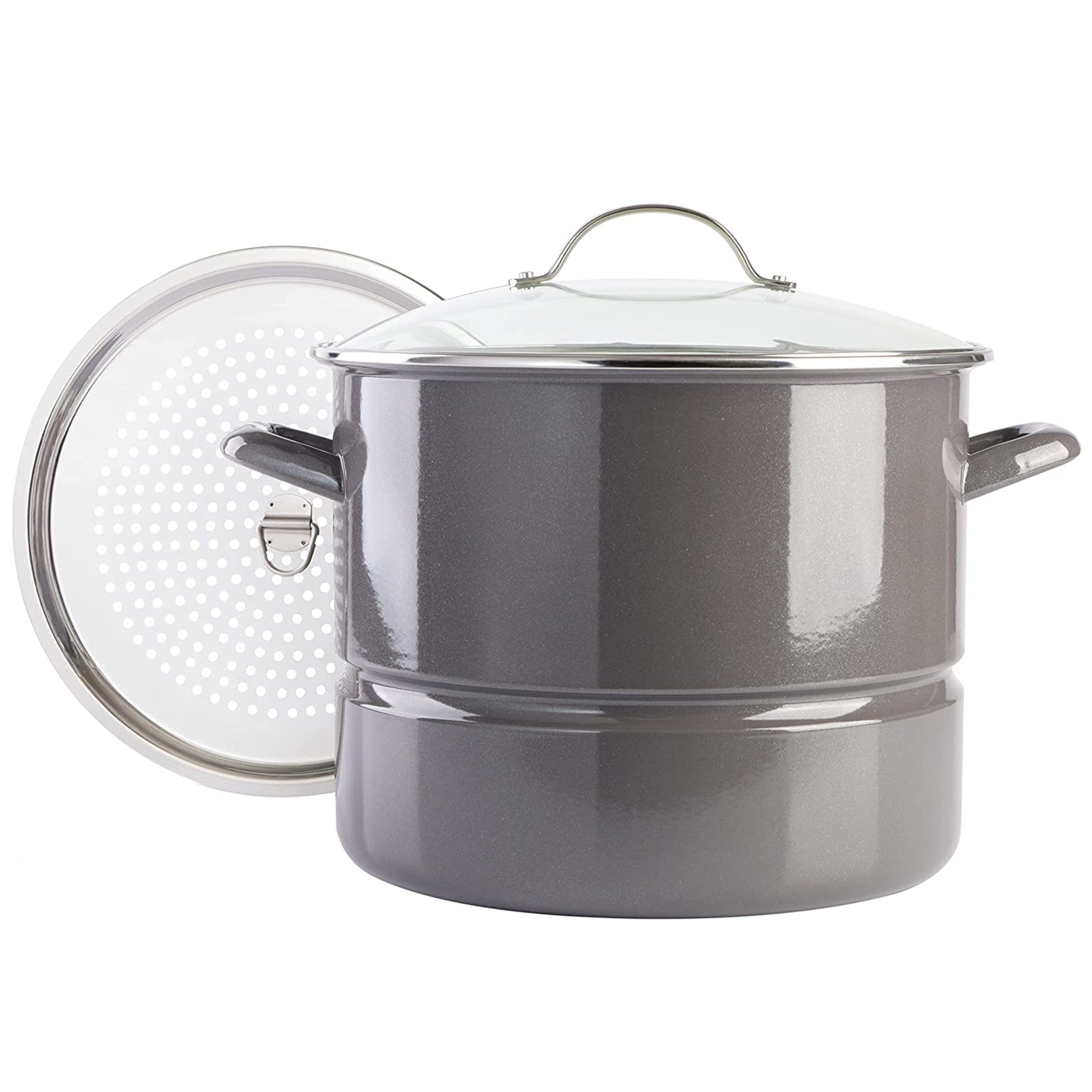 16 Quart Enamel On Steel Stock Pot With Steamer and Lid in Graphite Grey