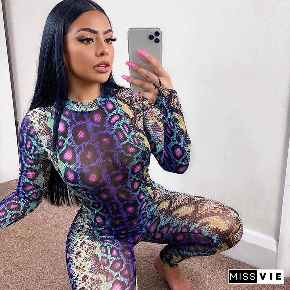 hirigin Sexy Women Jumpsuit Serpentine Print O-neck Long Sleeve Jumpsuit Fall Autumn Backless Bodycon Jumpsuit Club Streetwear P12333