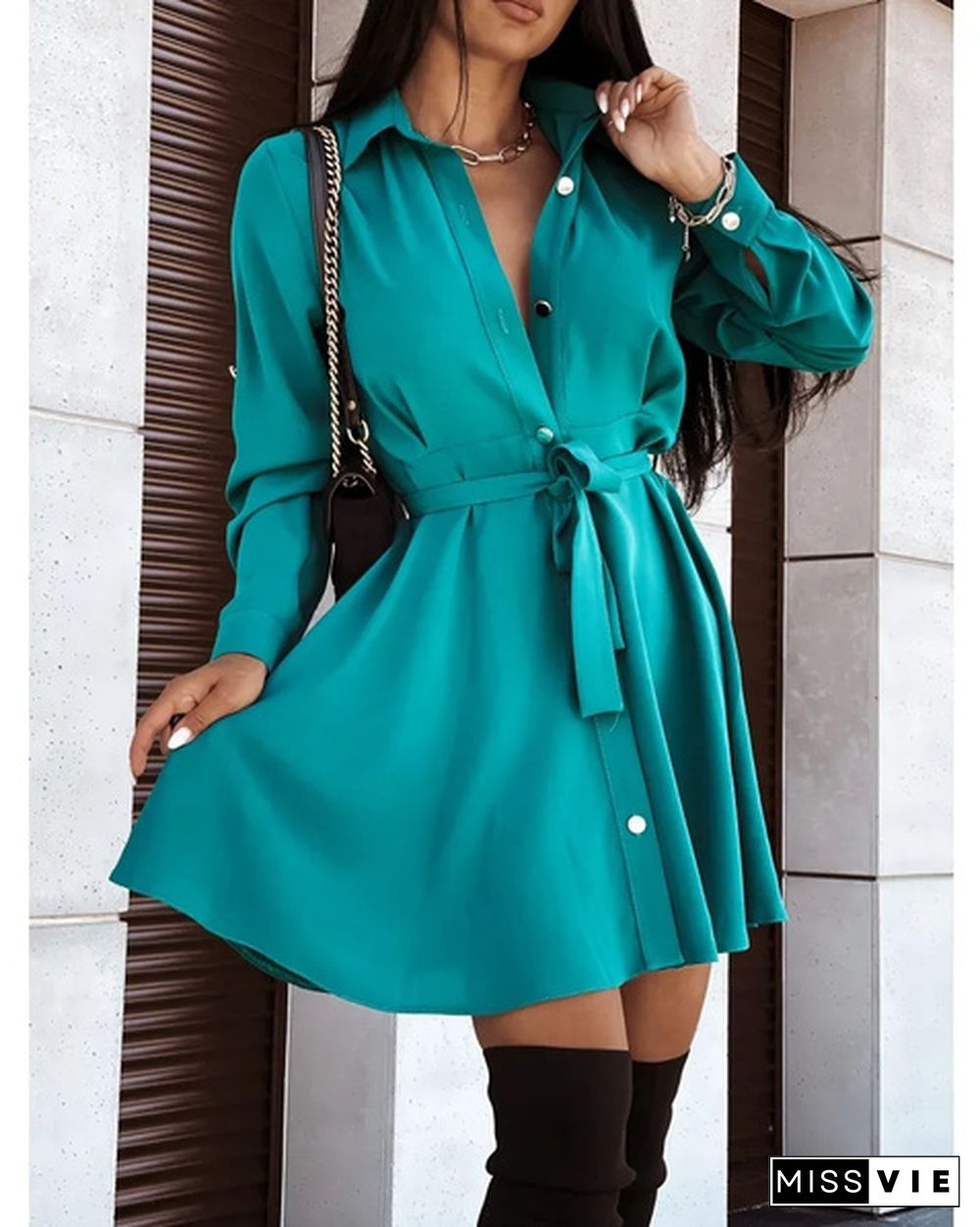 Turn-down Collar Long Sleeves Buttons Shirt Dress Women Fashion Collect Waist A Line Dress Elegant Ladies Dresses