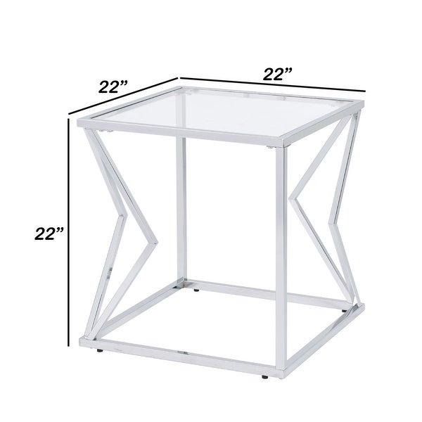 End Table with Glass Top and Bottom Shelf and Geometric Accent， Silver