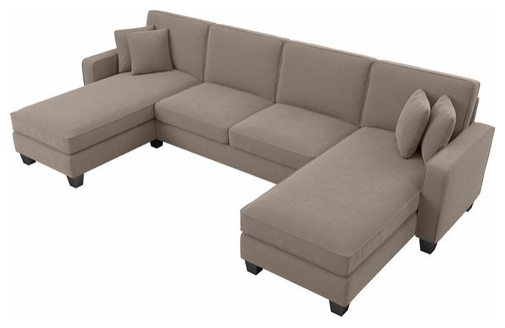 Stockton 131W Sectional Couch with Double Chaise in Tan Microsuede   Transitional   Sectional Sofas   by Homesquare  Houzz