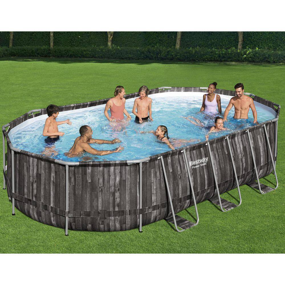 Bestway 20 ft. x 12 ft. Oval 48 in. Deep Metal Frame Above Ground Outdoor Swimming Pool Set 5611SE-BW