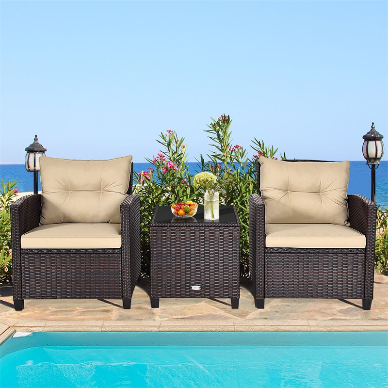 3 Pieces Patio Rattan Furniture Set Outdoor Wicker Conversation Set with Washable Cushion and Coffee Table