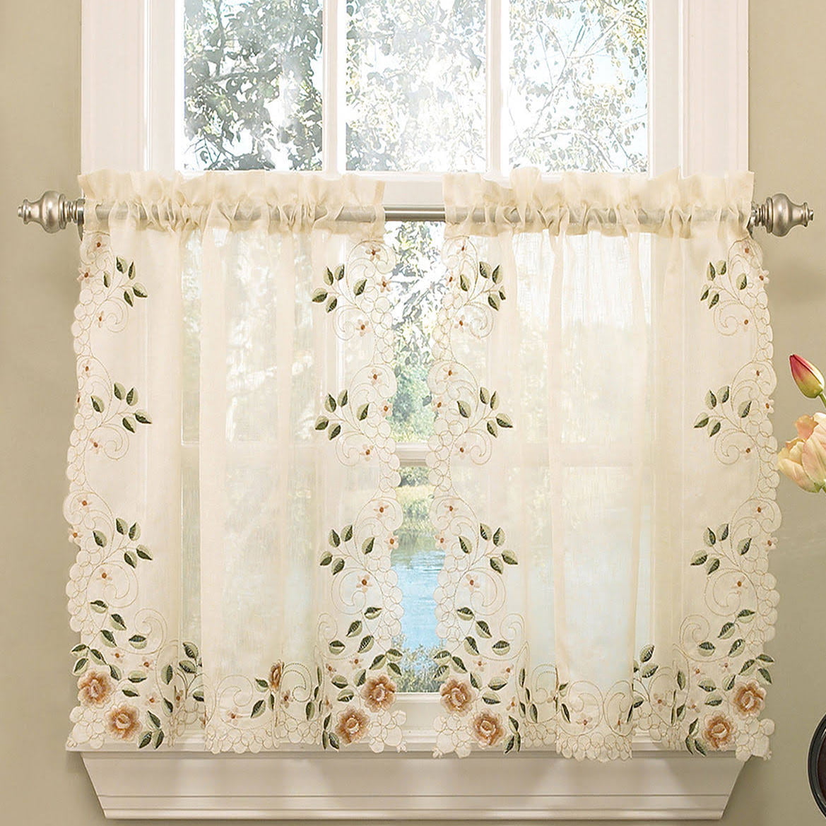 Rosemary Floral Embroidered Semi-Sheer Kitchen Curtain Tier, Swag, Valance Set