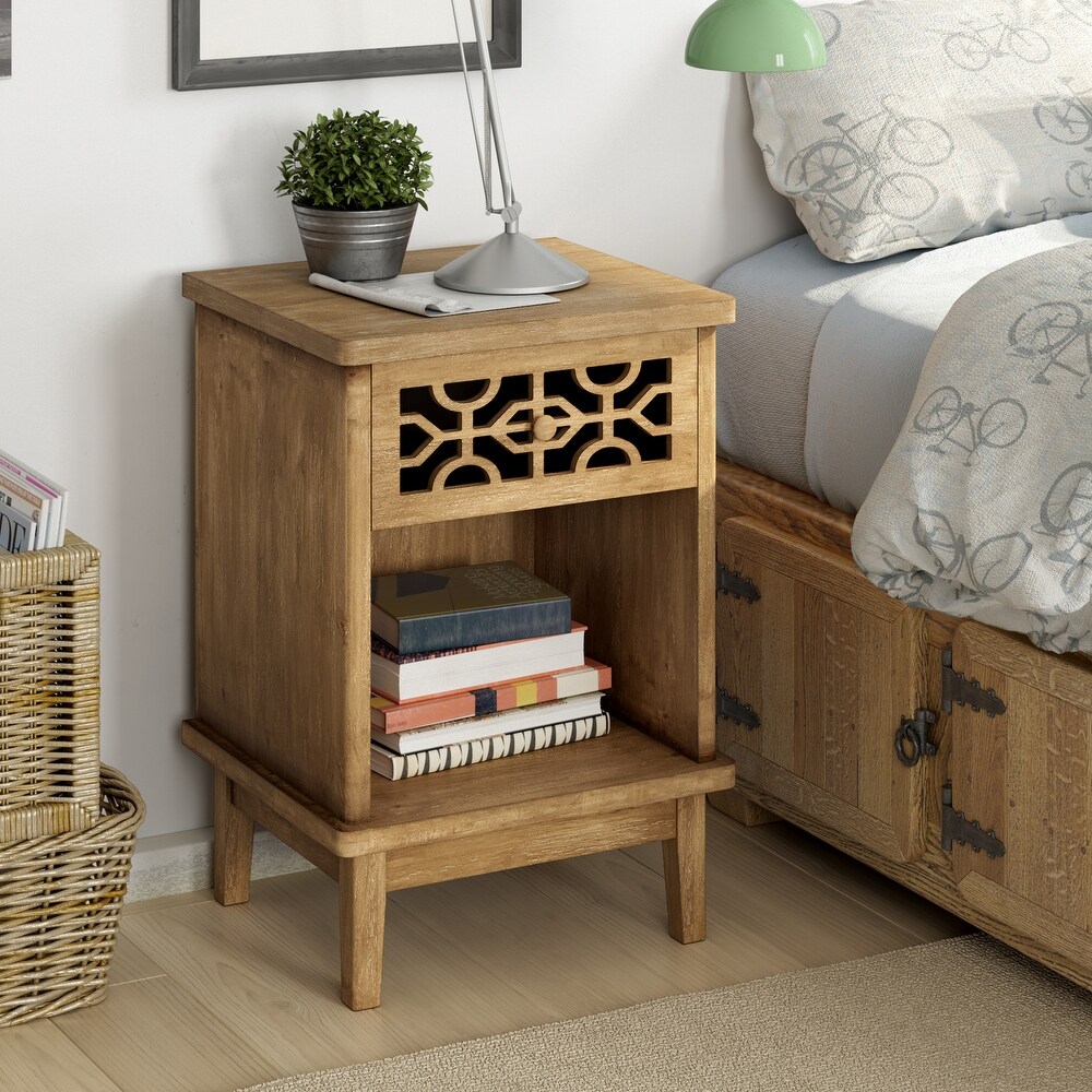 COZAYH Retro Rustic Nightstand Solid Fir End Table Side Table with Hand Carved Front and Open Shelf for Boho  Farmhouse