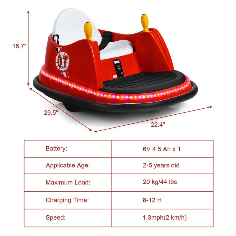 6V Kids Ride On Bumper Car 360-Degree Spin Race Toy with Dual Joysticks, Flashing LED Light, Remote Control