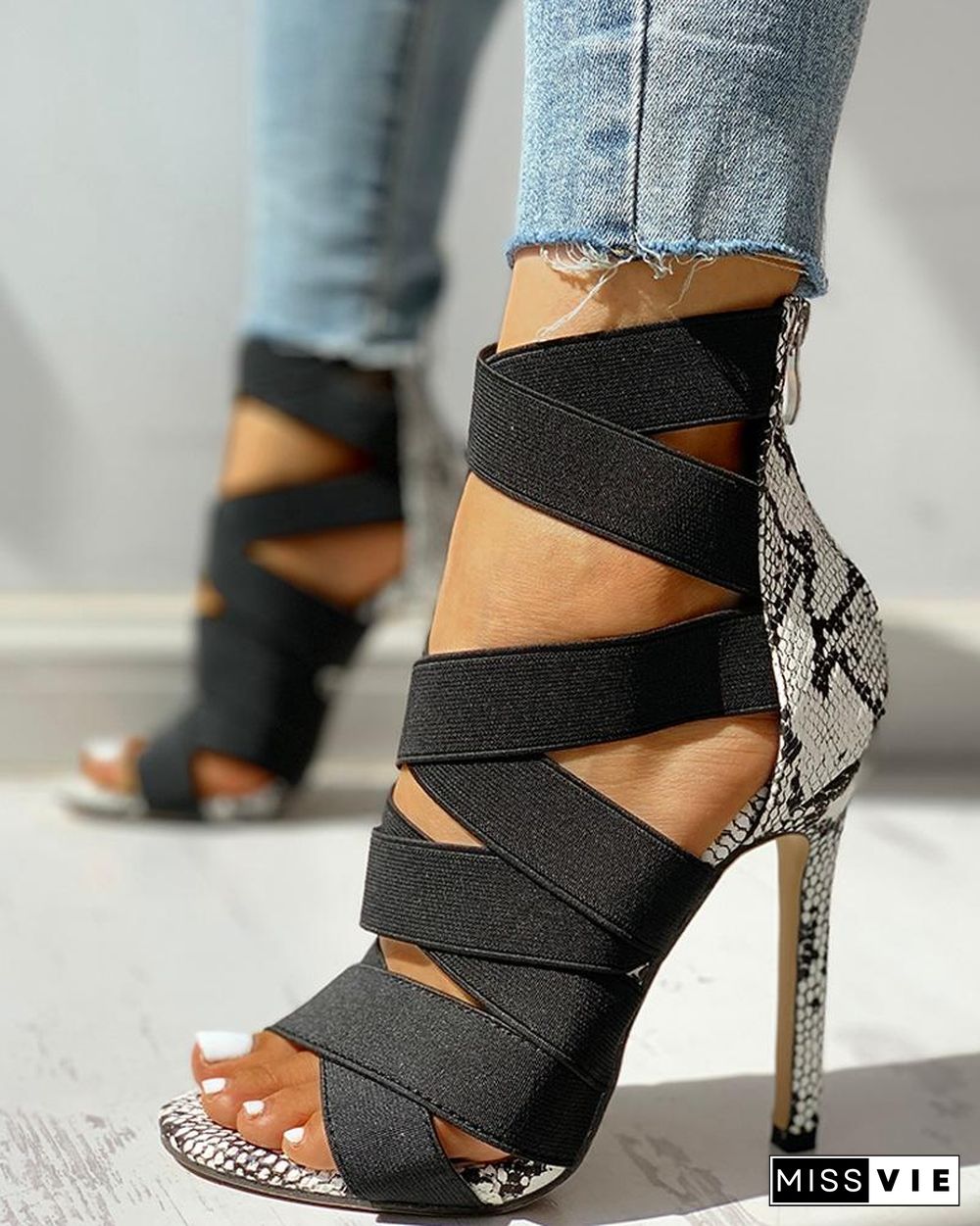 Lace-Up Bandage Patchwork Snakeskin Thin Heeled Sandals