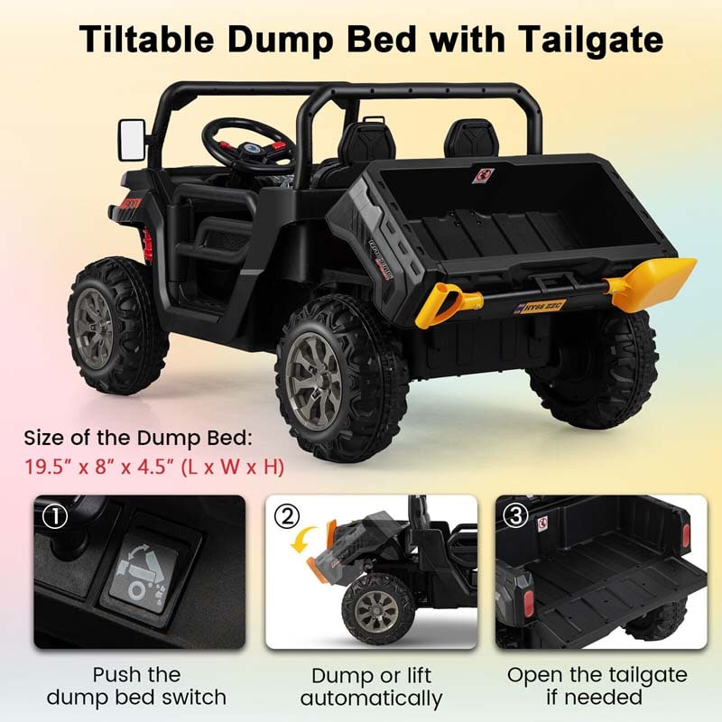 2-Seater Kids Ride On Car, 12V Battery Powered Off-Road UTV Dump Truck with Electric Dump Bed & Shovel