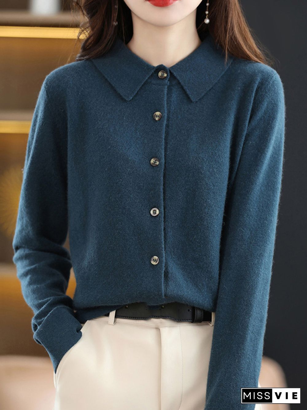 Casual Loose Long Sleeves Buttoned Solid Color Lapel Collar Cardigan Tops