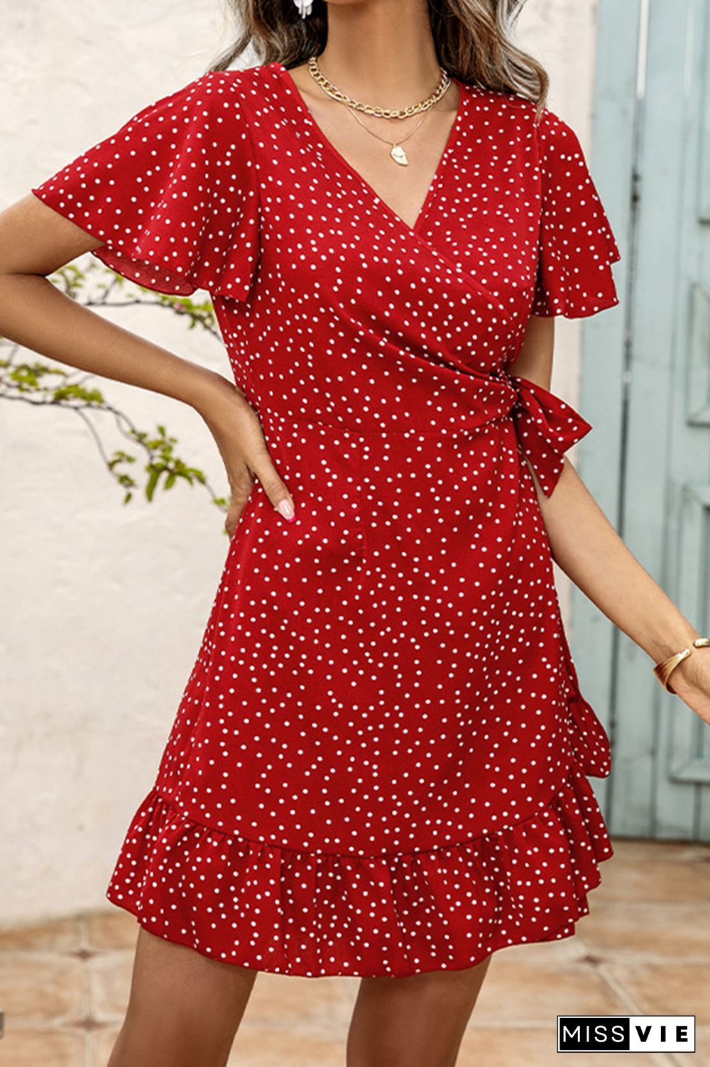 Polka Dot Print V Neck Short Dress Wholesale