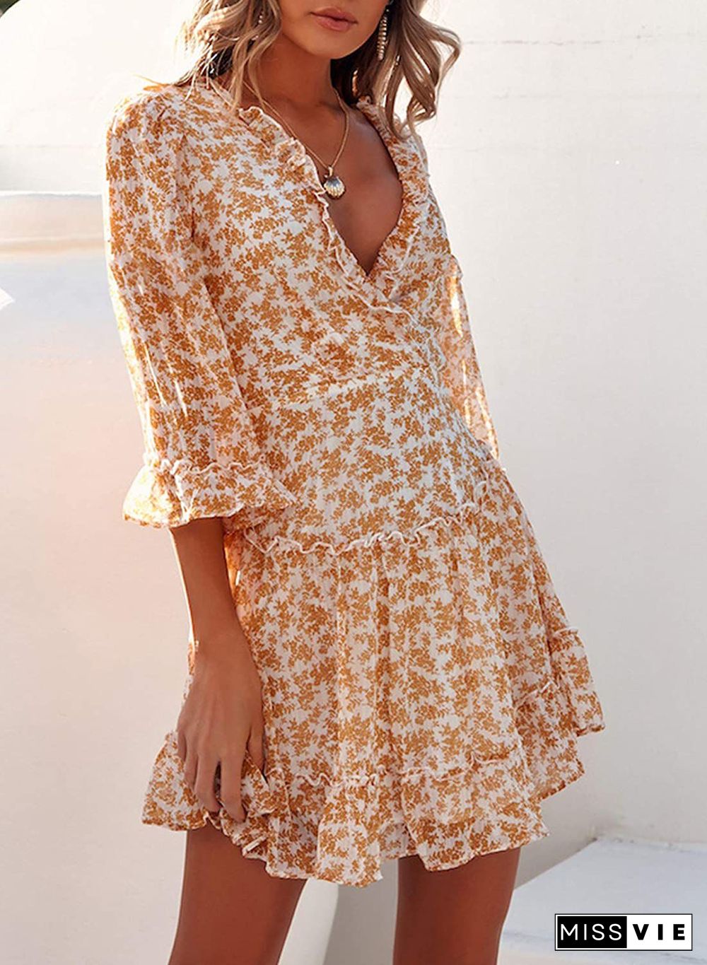 Ditsy Floral Prints Ruffle Edge Tiered Long Sleeve Boho Dress