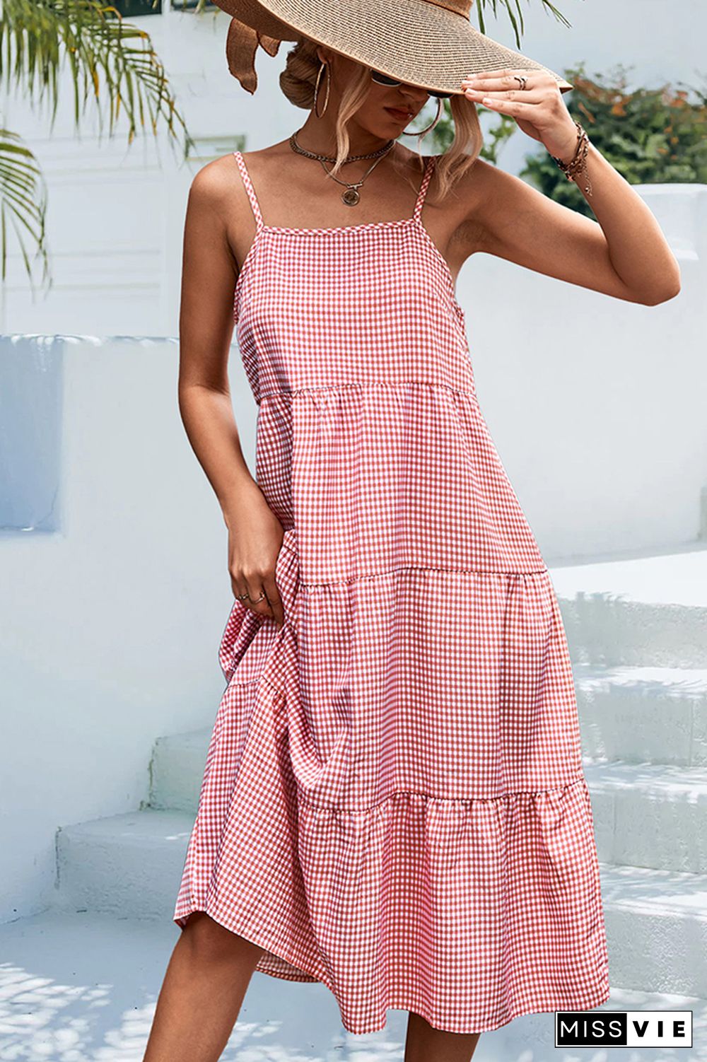 Pink Plaid Square Neck Cami Tiered Midi Dress