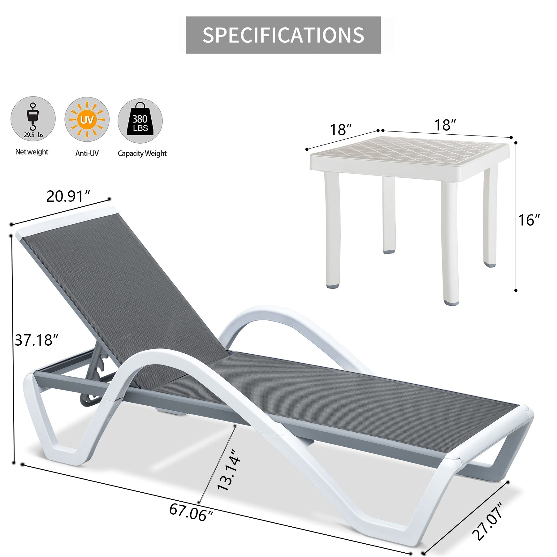 Patio Chaise Lounge Adjustable Aluminum Pool Lounge Chairs with Arm All Weather Pool Chairs for Outside,in-Pool,Lawn by domi outdoor living (Gray Lounge W/Table)