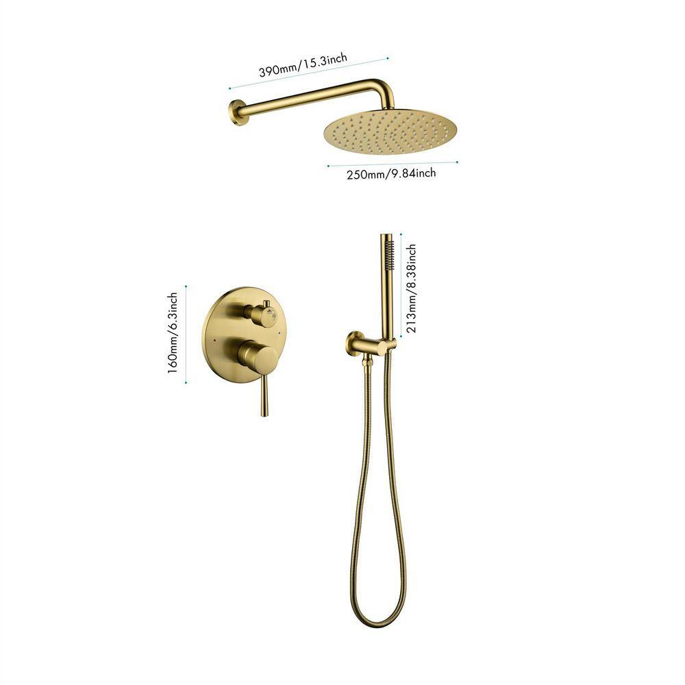 Satico 2-Spray Patterns with 10 in. Tub Wall Mount Dual Shower Heads in Brushed Gold GB013806S