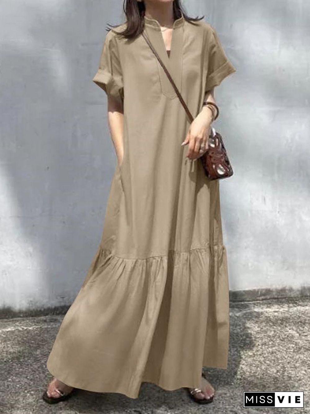 A-Line Loose Solid Color Split-Joint V-Neck Maxi Dresses