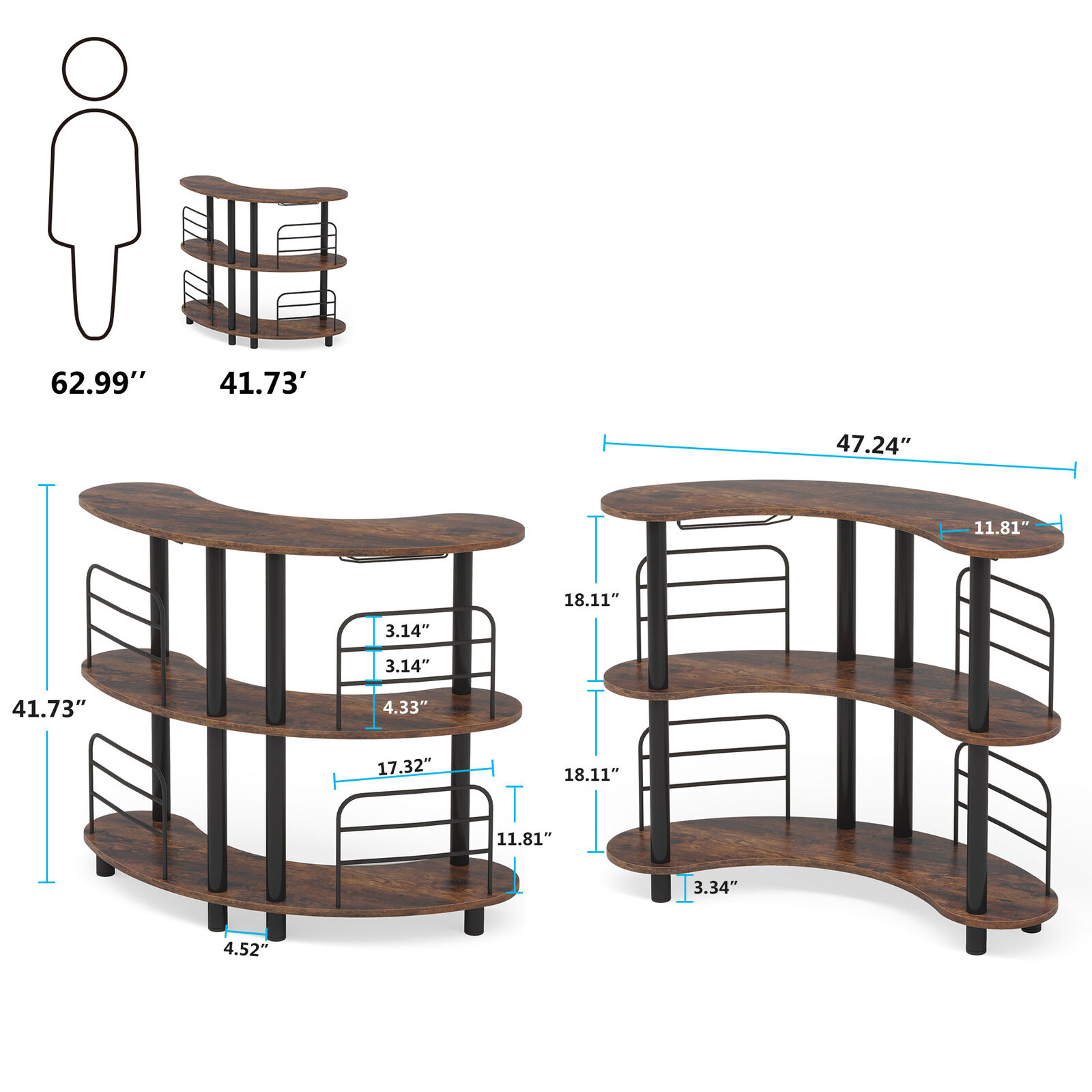 Tribesigns Bar Unit for Liquor 3 Tier Bar Table with Shelves and Wine Glasses Holder for Home Kitchen Rustic Brown