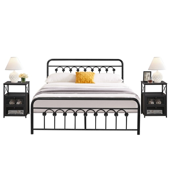 Taomika 3-Pieces Modern Bedroom Set with Black Platform Bed Frame and 3-tier Shelf Doors Nightstands - - 36069034