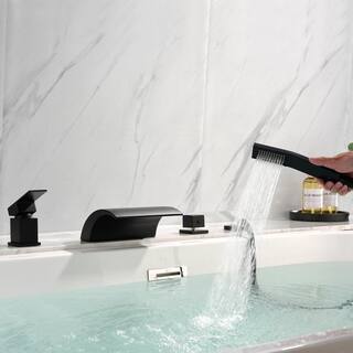 Boyel Living 2-Handle Tub Mount Roman Tub Faucet with Water Supply Lines and Hand Shower in Matte Black SMD-1720B-1