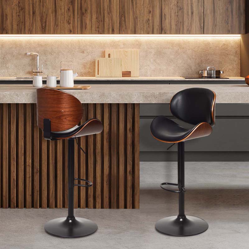 Set of 2 Adjustable Swivel PU Leather Bar Stools Counter Height Dining Chairs with Iron Base & Curved Footrest