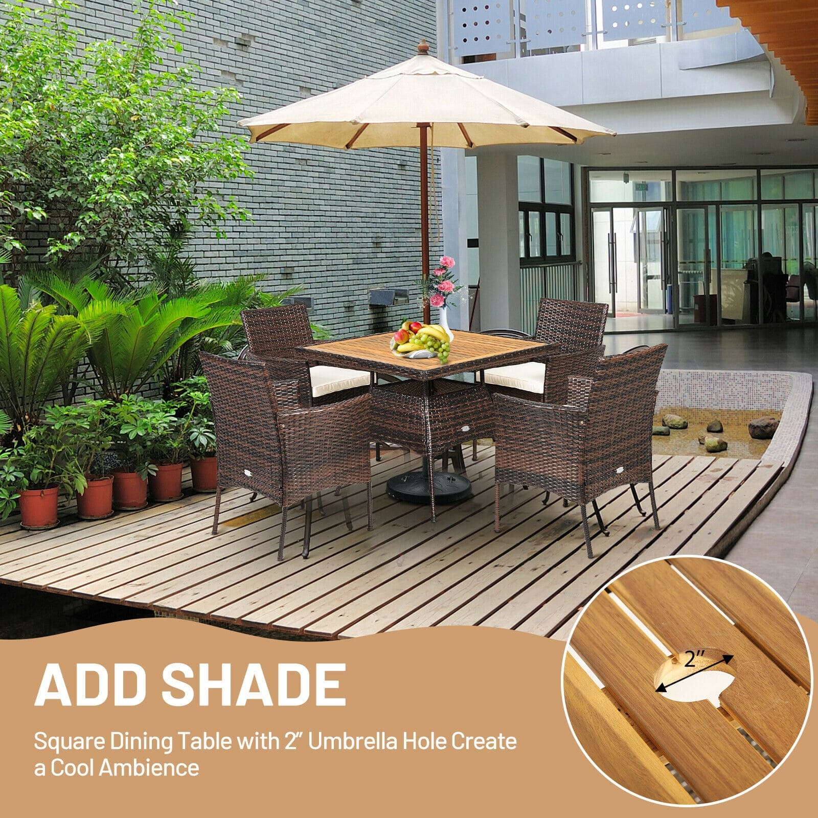 5 Pcs Rattan Patio Dining Table Set with Umbrella Hole, Acacia Wood Tabletop & 4 Cushioned Armchairs