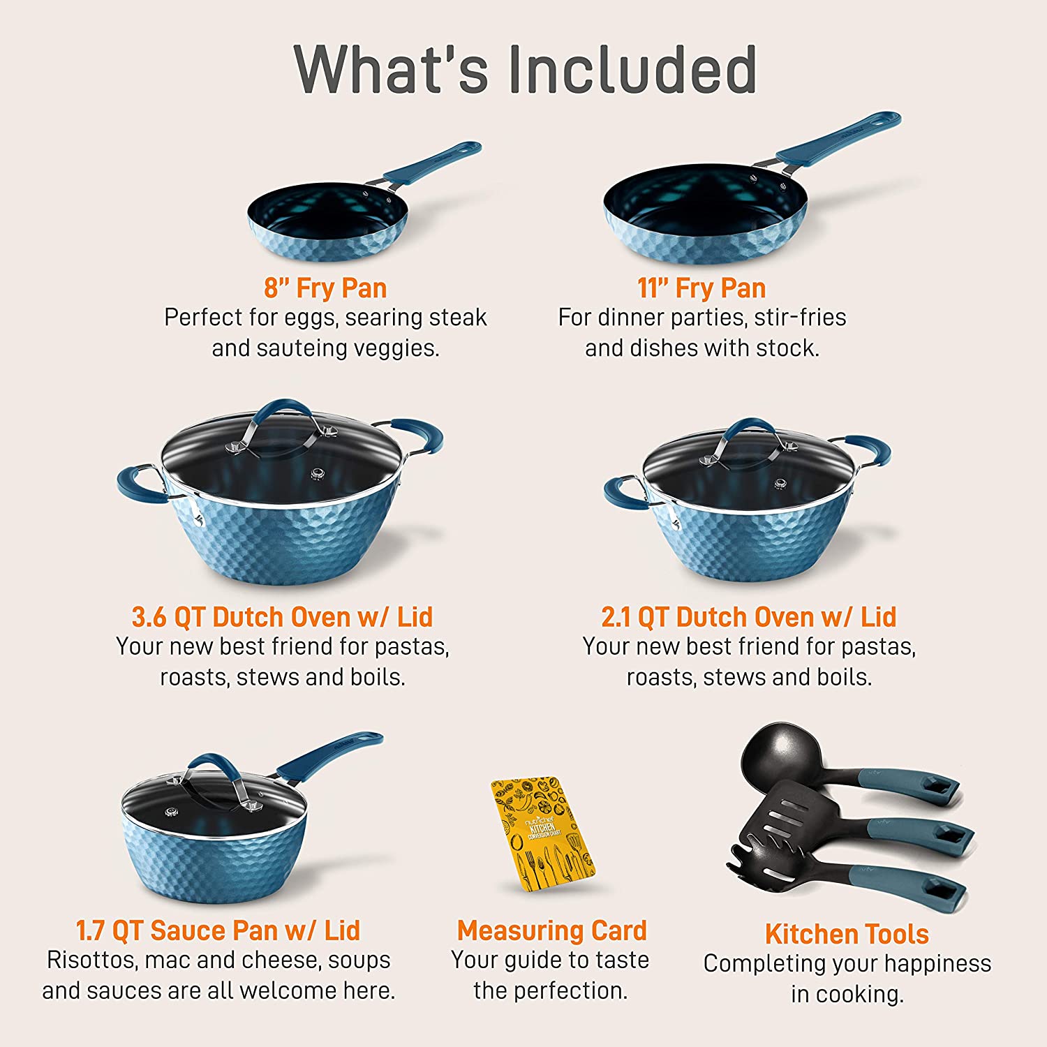 NutriChef Nonstick Cookware Excilon | Home Kitchen Ware Pots and Pan Set with Saucepan， Frying Pans， Cooking Pots， Lids， Utensil PTFE/PFOA/PFOS Free， 11 Pcs， Royal Blue