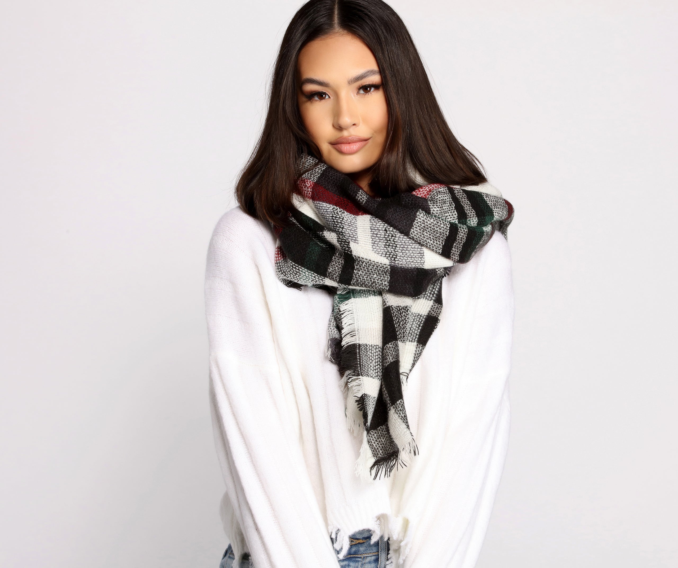 Cozy Cutie Plaid Frayed Blanket Scarf