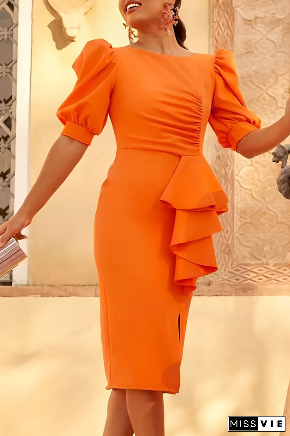 Orange Casual Solid Patchwork Flounce Slit O Neck One Step Skirt Dresses