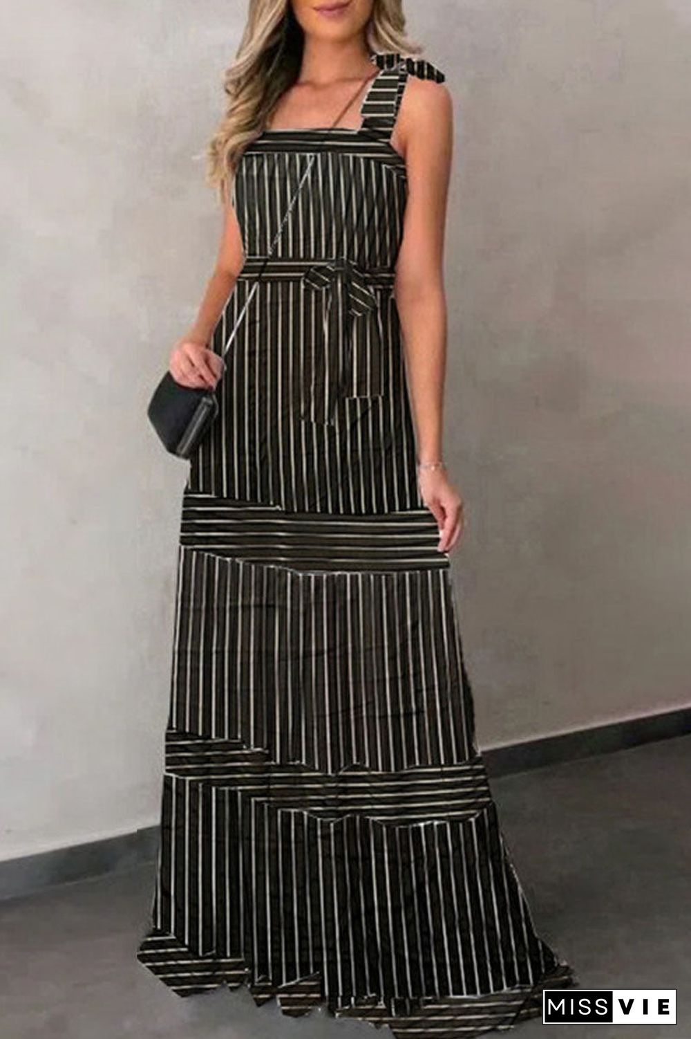 Sexy Casual Striped Bandage Patchwork Spaghetti Strap Pleated Dresses