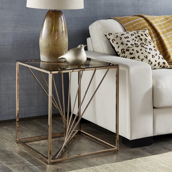 Square Metal and Glass Top End Table， Champagne Gold