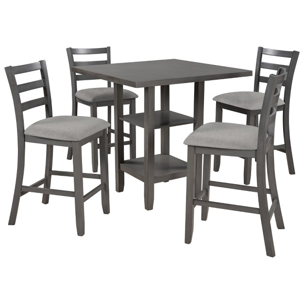 5 piece Wooden Counter Height Dining Set With Padded Chairs And Storage Shelves modernluxe