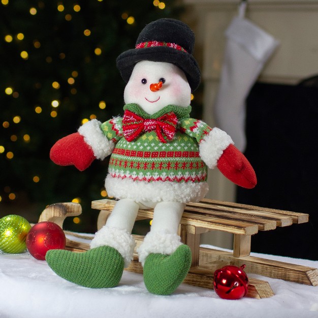 Red And Green Sitting Smiling Snowman Christmas Figure