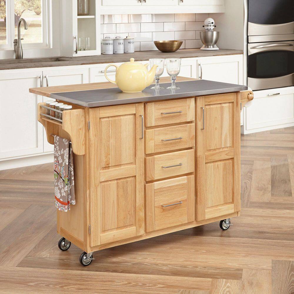 HOMESTYLES Natural Wood Kitchen Cart with Stainless Top and Breakfast Bar 5086-95