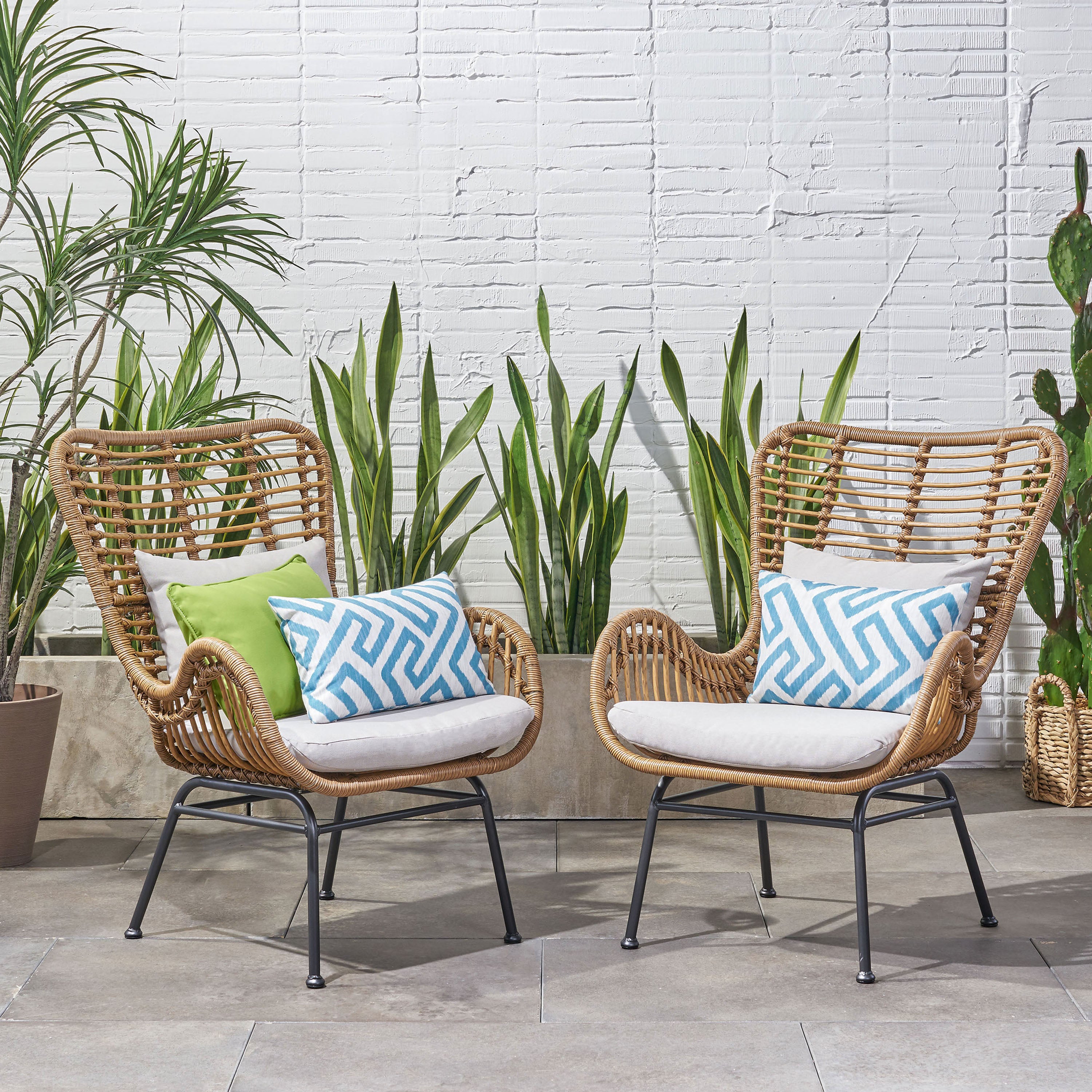 Pooneli Outdoor Wicker Club Chairs with Cushions (Set of 2)