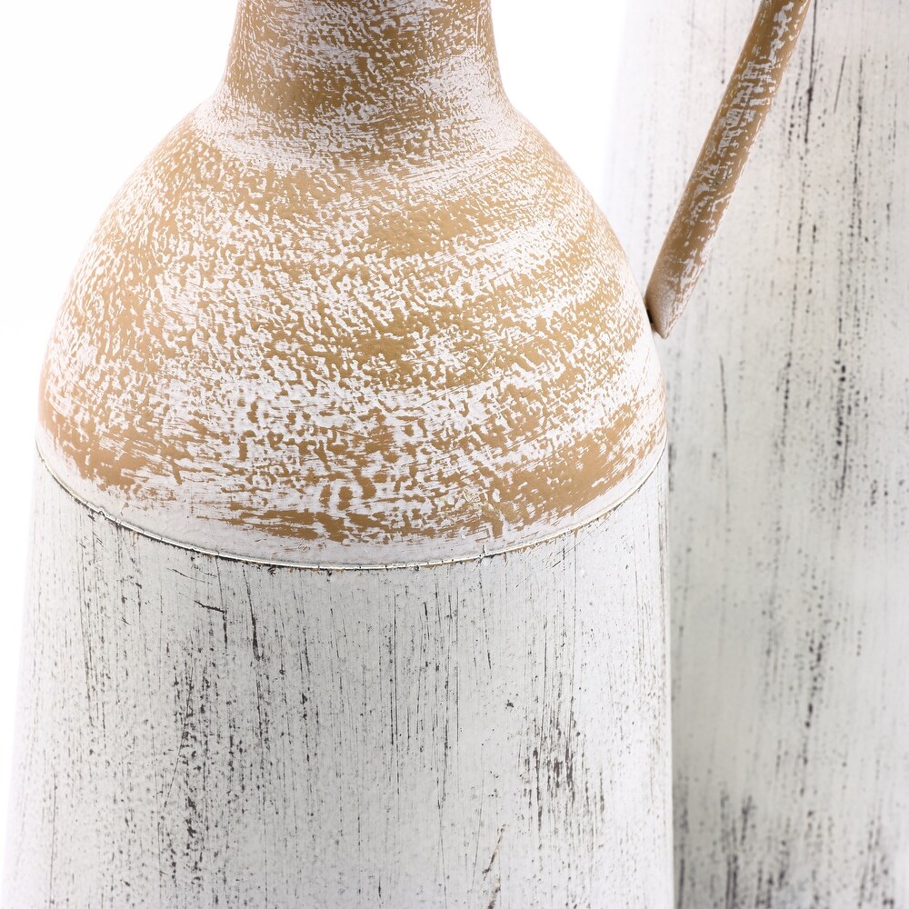 Distressed Off White and Rustic Brown Metal Pitcher Vase (Set of 2)