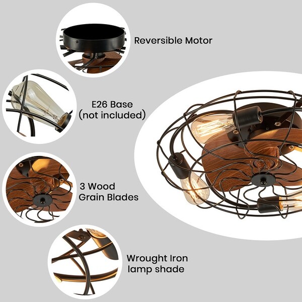 20 in. Low Profile Flush Mount Ceiling Fan Lights Wood Grain Modern Farmhouse Caged Ceiling Fan with Light for Bedroom Shopping - The Best Deals on Ceiling Fans | 40945630