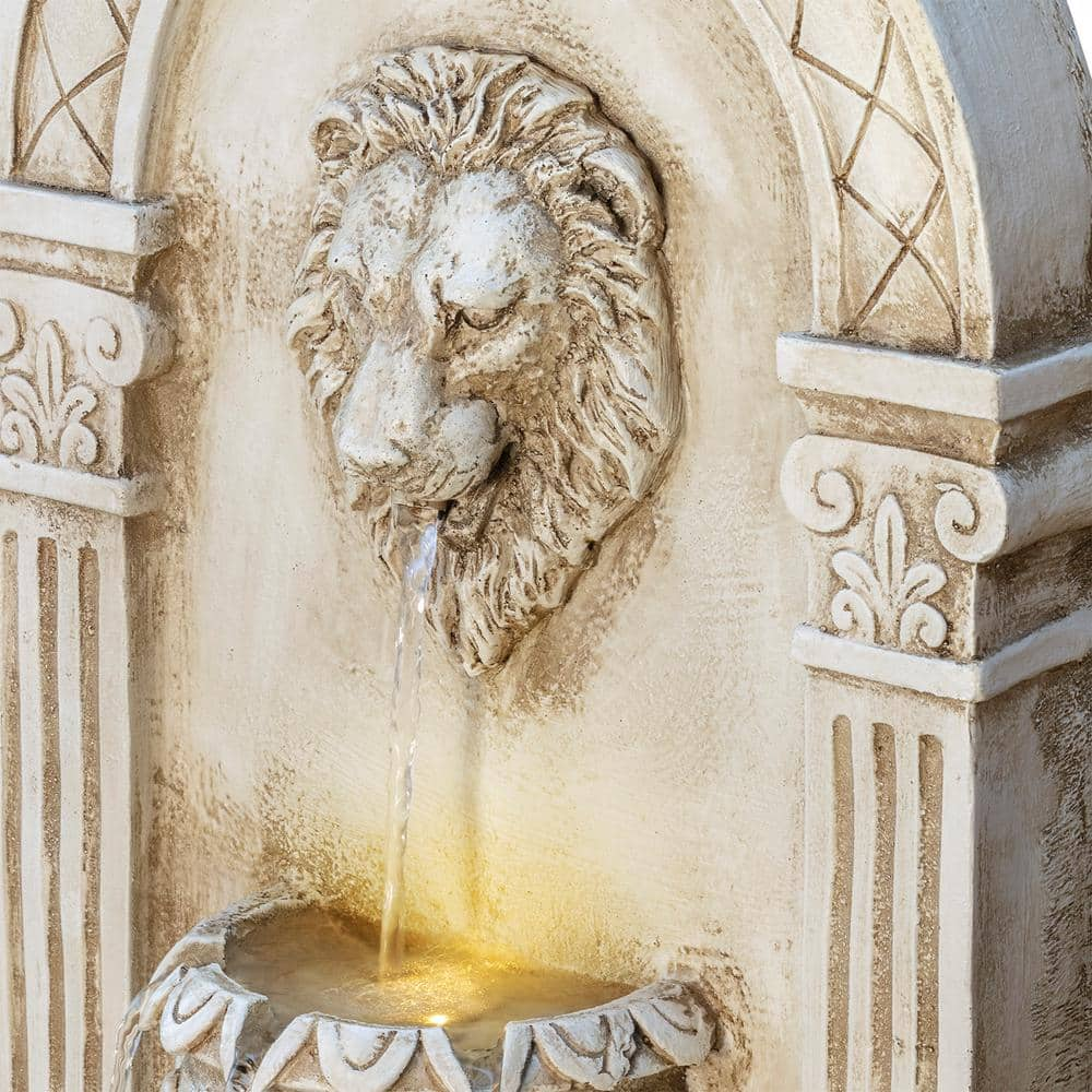 Alpine Corporation 32 in. Tall Outdoor Classical Wall-Mounted Water Fountain with Lion Head and LED Lights TZL160