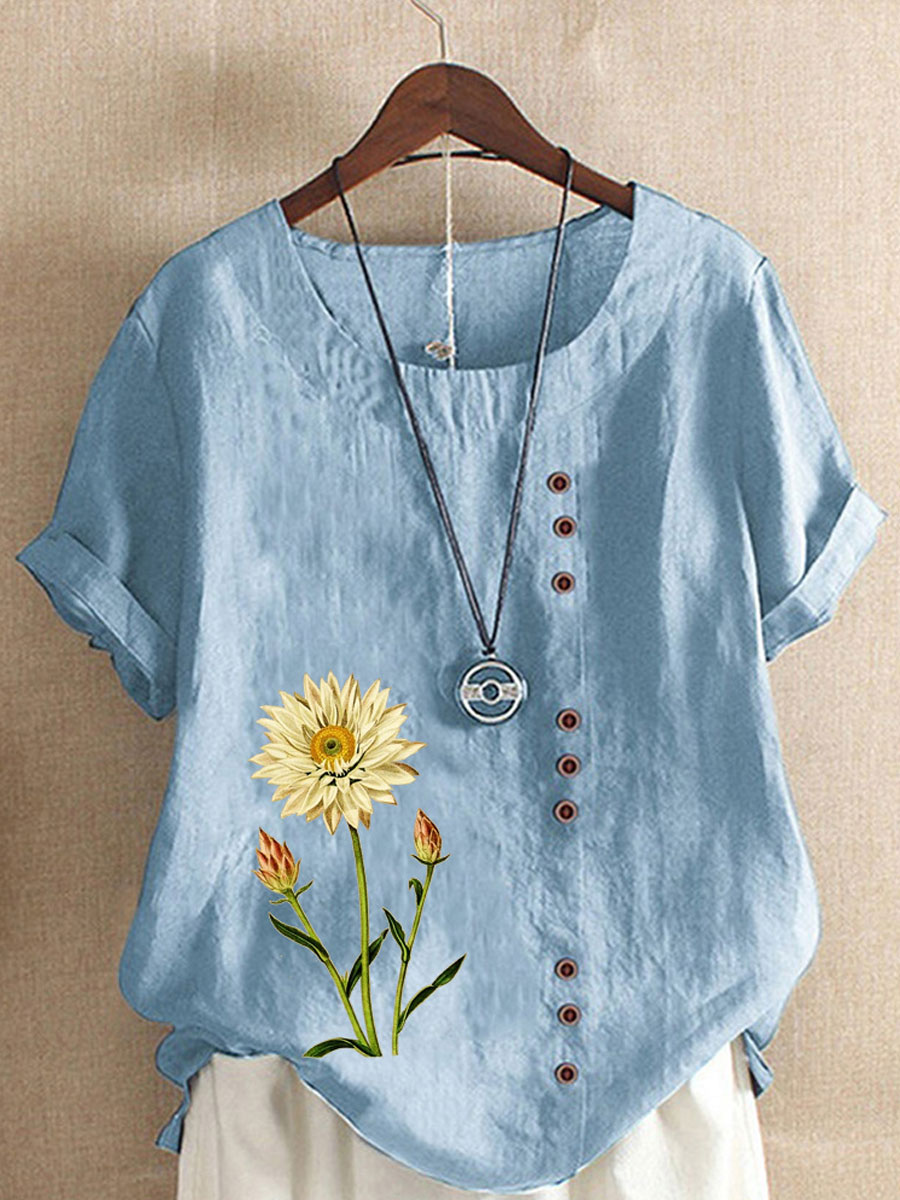 Round Neck Casual Loose Floral Print Short Sleeve Blouse